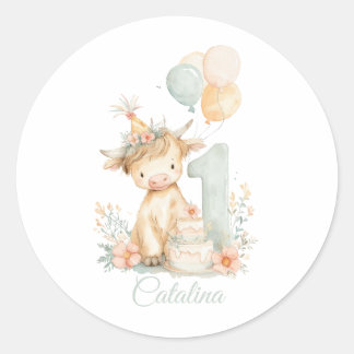 Highland Cow 1st Birthday Ronde Sticker