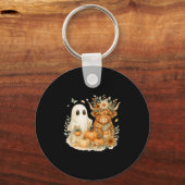 Highland Cow & Ghost Pumpkin Patch Watercolor Sleutelhanger (Voorkant)