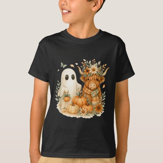 Highland Cow & Ghost Pumpkin Patch Watercolor T-shirt (Voorkant)