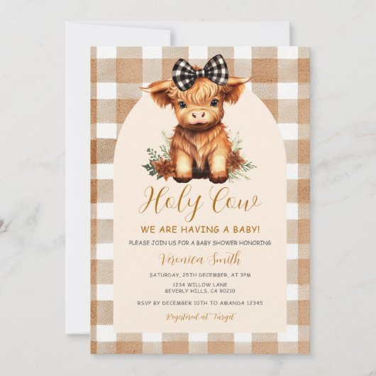Highland Cow Baby Shower with Bow Gingham Floral Kaart (Voorkant)