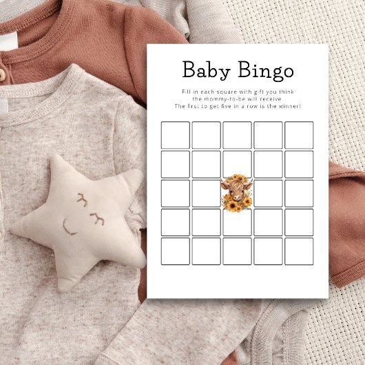 Highland Cow Bingo Baby Shower Game Card Kaart