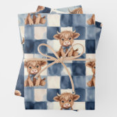 Highland Cow Blue Checkered Watercolor Cute Inpakpapier Vel (In situ)