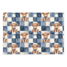 Highland Cow Blue Checkered Watercolor Cute