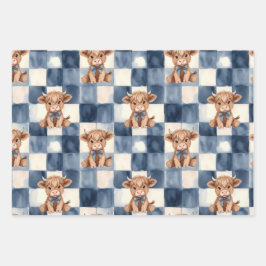 Highland Cow Blue Checkered Watercolor Cute Inpakpapier Vel