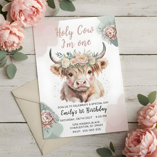 Highland Cow Boho Watercolor First Birthday Kaart