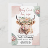 Highland Cow Boho Watercolor First Birthday Kaart (Voorkant)