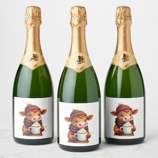 Highland Cow Brushstroke Christmas T-Shirt (4) Sparkling Wijnetiket (Flessen)