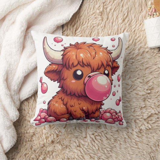 highland cow calf blowing pink bubblegum cushion kussen (Deken)