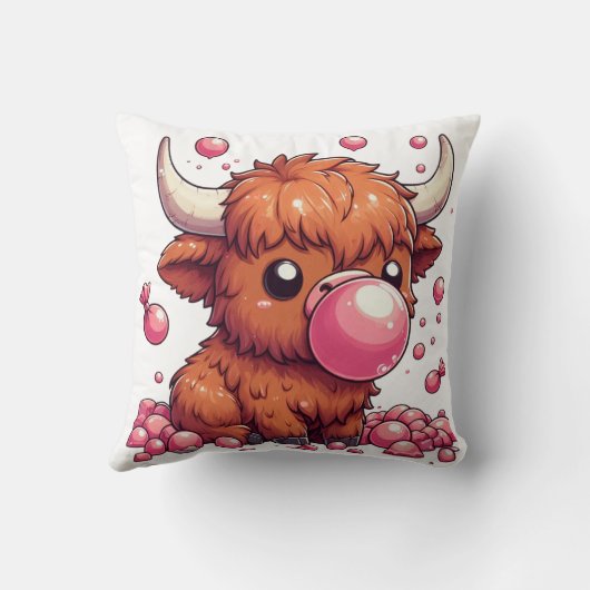 highland cow calf blowing pink bubblegum cushion kussen (Achterkant)