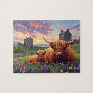 Highland Cow Calf Scottish Castle Sunset Legpuzzel