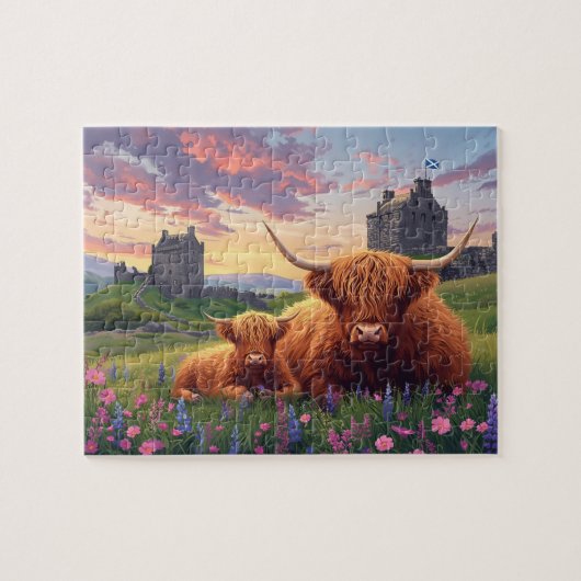 Highland Cow Calf Scottish Castle Sunset Legpuzzel (Horizontaal)