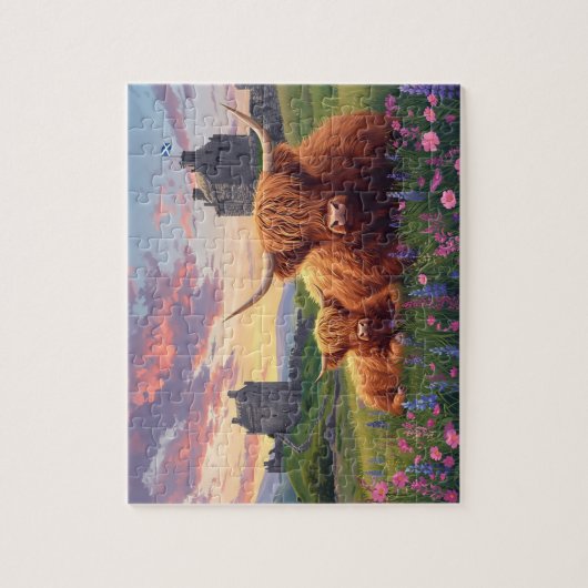 Highland Cow Calf Scottish Castle Sunset Legpuzzel (Verticaal)
