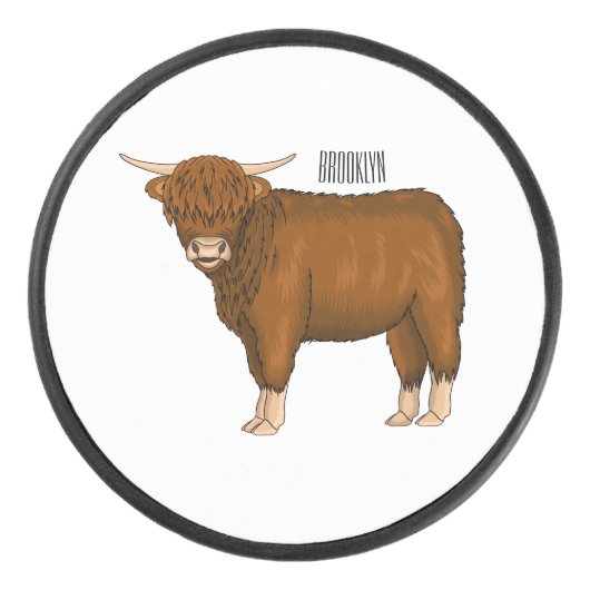 Highland cow cartoon illustration  hockey puck (Voorkant)