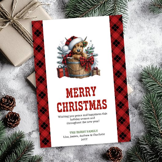 Highland cow Christmas card with holly berries Feestdagenkaart