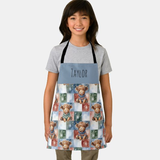 Highland Cow Christmas Cook Crew Personalized Kids Schort (Insitu)