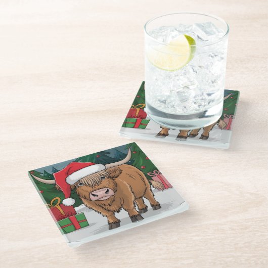 Highland Cow Christmas Glazen Onderzetter (Schuin)