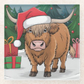Highland Cow Christmas Glazen Onderzetter (Voorkant)
