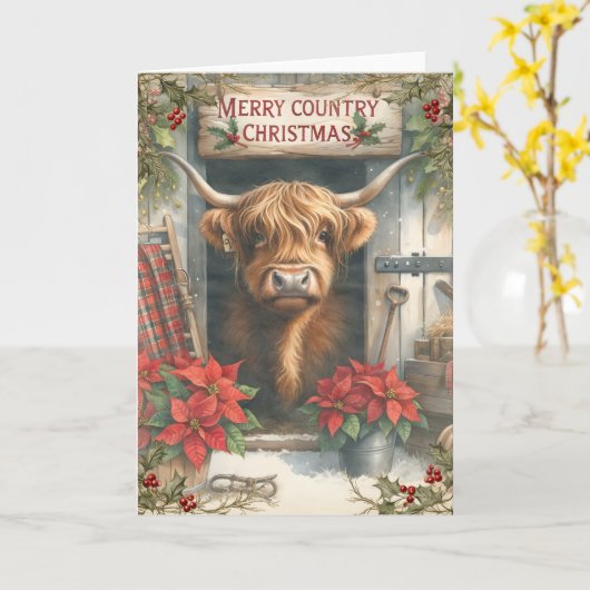 Highland Cow Christmas Kaart (Gele Bloem)
