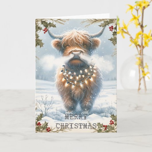 Highland Cow Christmas Kaart (Gele Bloem)