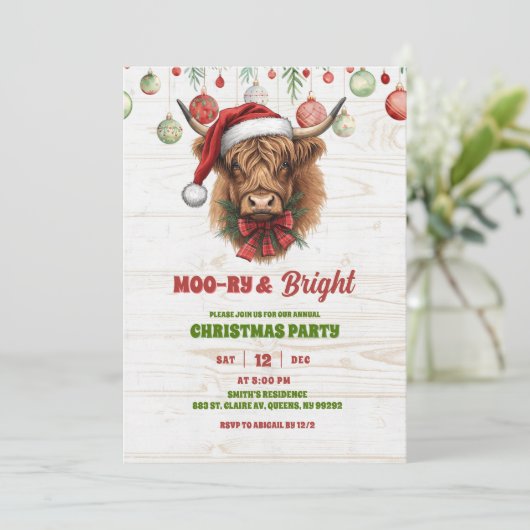 Highland cow christmas party kaart (Staand voorkant)