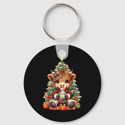 Highland Cow Christmas Tree Cute Heifer Cow Mooey Sleutelhanger (Voorkant)