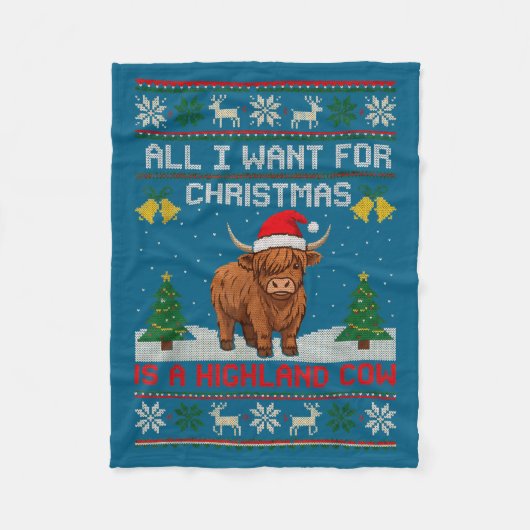 Highland Cow Christmas Ugly Sweater Style Festive Fleece Deken (Voorkant)