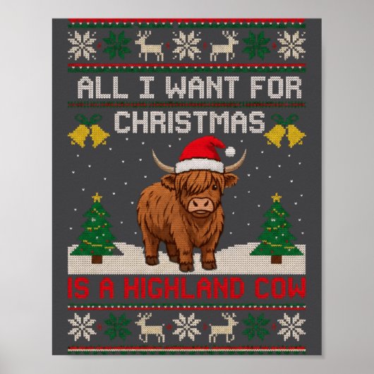 Highland Cow Christmas Ugly Sweater Style Festive  Poster (Voorkant)