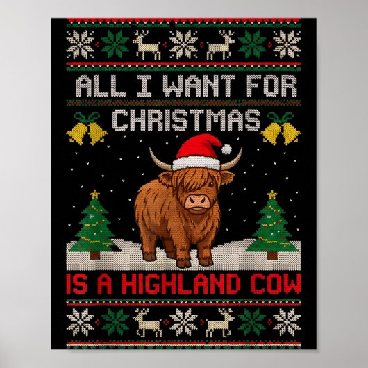 Highland Cow Christmas Ugly Sweater Style Festive Poster (Voorkant)