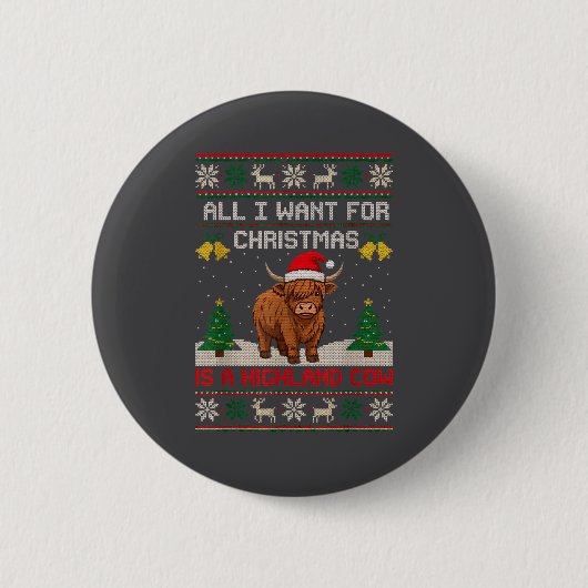 Highland Cow Christmas Ugly Sweater Style Festive Ronde Button 5,7 Cm (Voorkant)