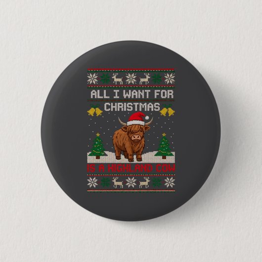 Highland Cow Christmas Ugly Sweater Style Festive Ronde Button 5,7 Cm (Voorkant)