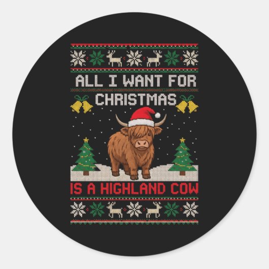 Highland Cow Christmas Ugly Sweater Style Festive Ronde Sticker (Voorkant)