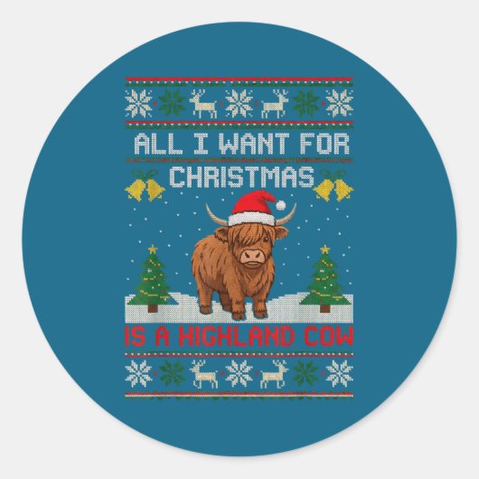 Highland Cow Christmas Ugly Sweater Style Festive Ronde Sticker (Voorkant)
