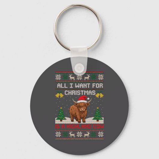 Highland Cow Christmas Ugly Sweater Style Festive  Sleutelhanger (Voorkant)