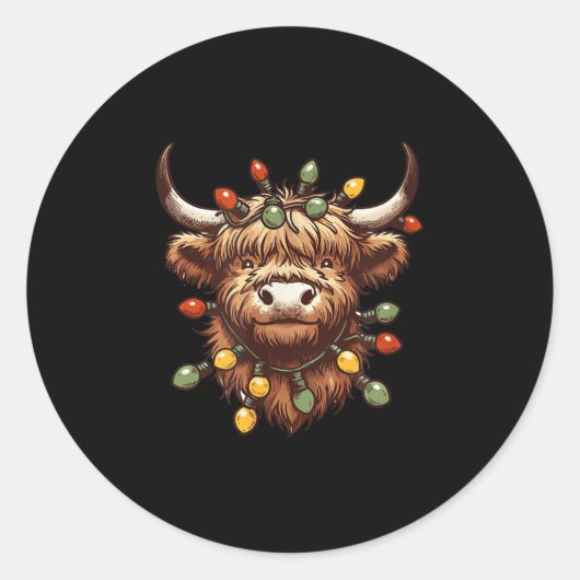 Highland Cow Christmas Xmas Santa Wooly Farm Anima Ronde Sticker (Voorkant)