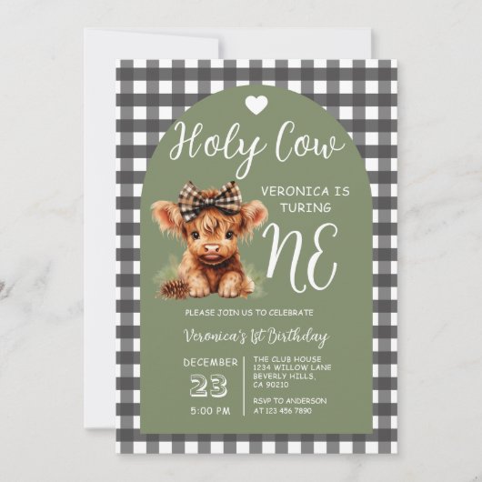 Highland Cow First Birthday Girl Gingham Party Kaart (Voorkant)