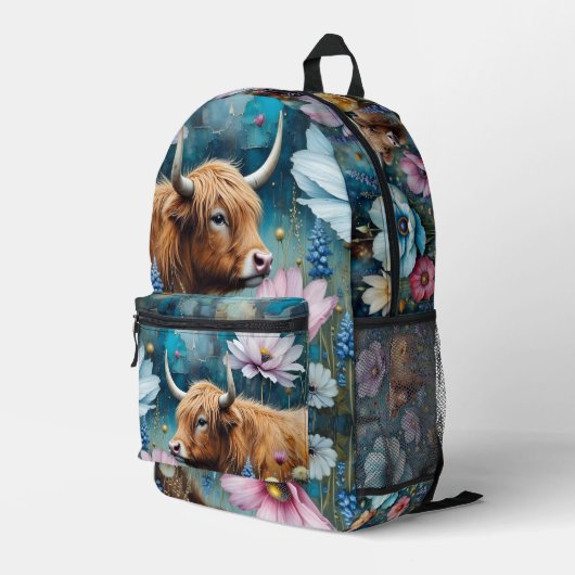 Highland Cow Floral Colorful Cosmos Tapestry Bedrukte Rugzak (Achterkant Hoek Rechts)