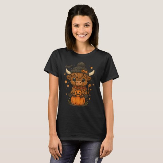 Highland Cow Halloween Cute Pumpkin  T-shirt (Voorkant volledig)