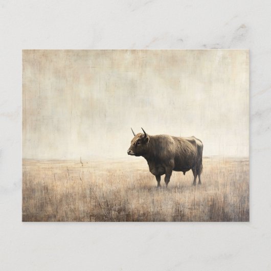 Highland Cow in a Field Sepia Briefkaart (Voorkant)