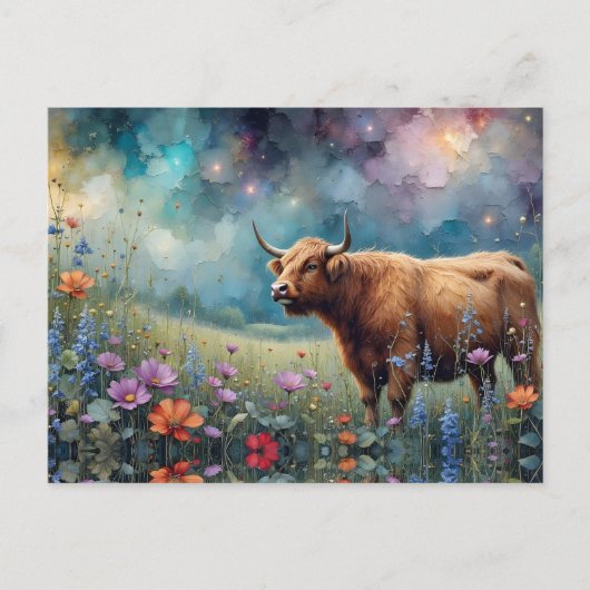Highland Cow in Colorful Floral Tapestry Briefkaart (Voorkant)