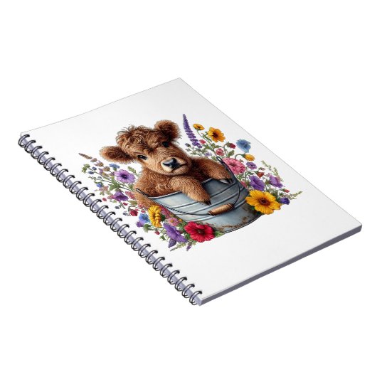 Highland Cow in Flower Bucket Png, Cute Notitieboek (Rechterzijde)