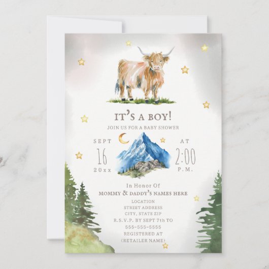 Highland Cow Moon Stars Mountain Baby Shower  Kaart (Voorkant)