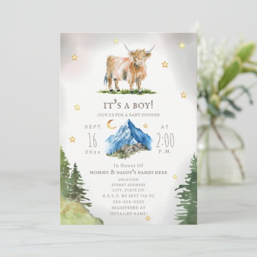 Highland Cow Moon Stars Mountain Baby Shower  Kaart (Staand voorkant)