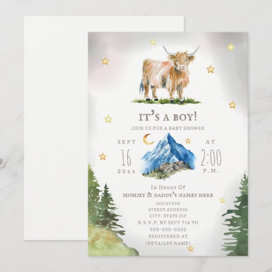 Highland Cow Moon Stars Mountain Baby Shower  Kaart (Voorkant / Achterkant)