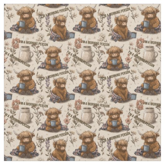 Highland Cow Morning Coffee Cozy Farmhouse Pattern Stof (Close Up)