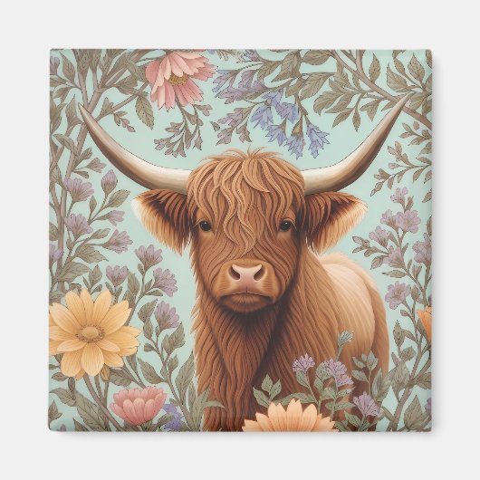 Highland Cow Pastel William Morris Inspired Floral Magneet (Voorkant)