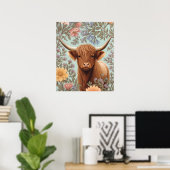 Highland Cow Pastel William Morris Inspired Floral Poster (Thuiskantoor)