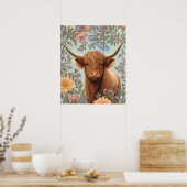 Highland Cow Pastel William Morris Inspired Floral Poster (Keuken)