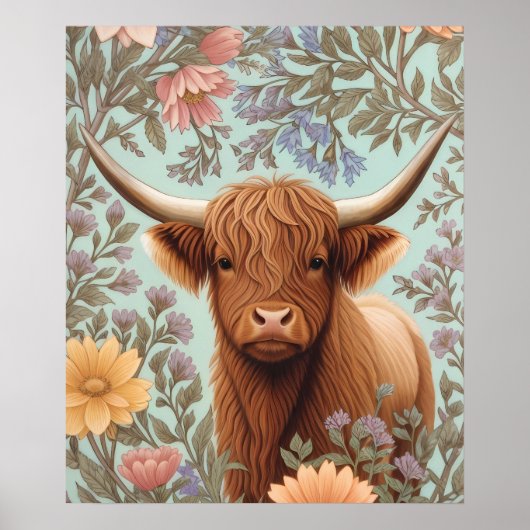Highland Cow Pastel William Morris Inspired Floral Poster (Voorkant)