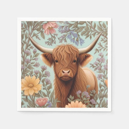 Highland Cow Pastel William Morris Inspired Floral Servet (Voorkant)