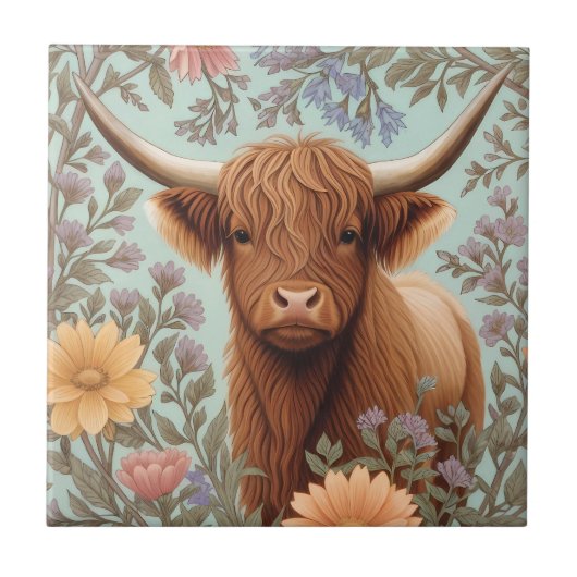 Highland Cow Pastel William Morris Inspired Floral Tegeltje (Voorkant)